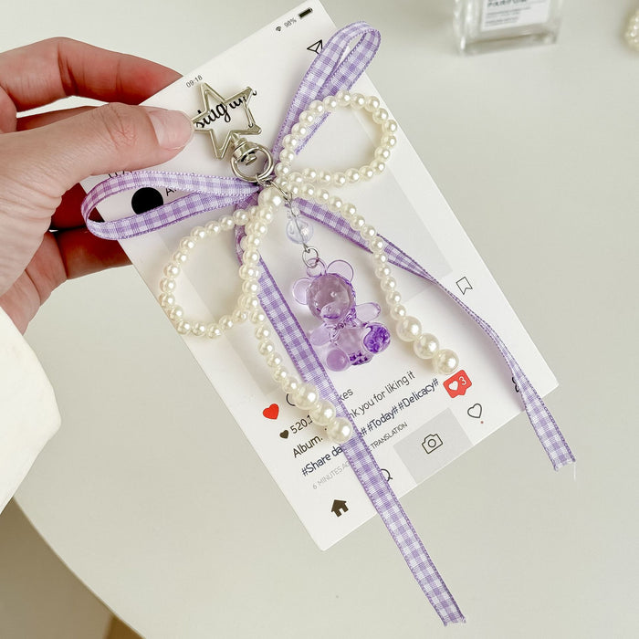 Wholesale Ribbon Bow Mobile Phone Chain Cute Bear Bag Hanging Jewelry Beaded Keychain