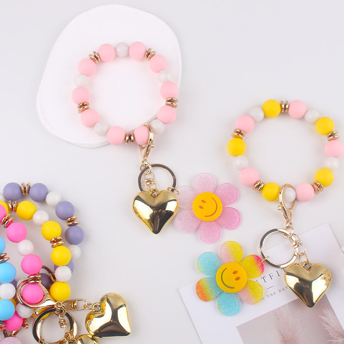 Wholesale Creative Silicone Beads Bracelet Keychain Cartoon Acrylic Smiley Sunflower Pendant Bracelet Key Ring Jewelry