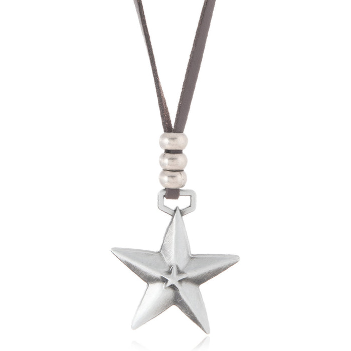 Wholesale Fashionable new necklace with five pointed star pendant, adjustable sweater chain, retro style, personalized leather necklace