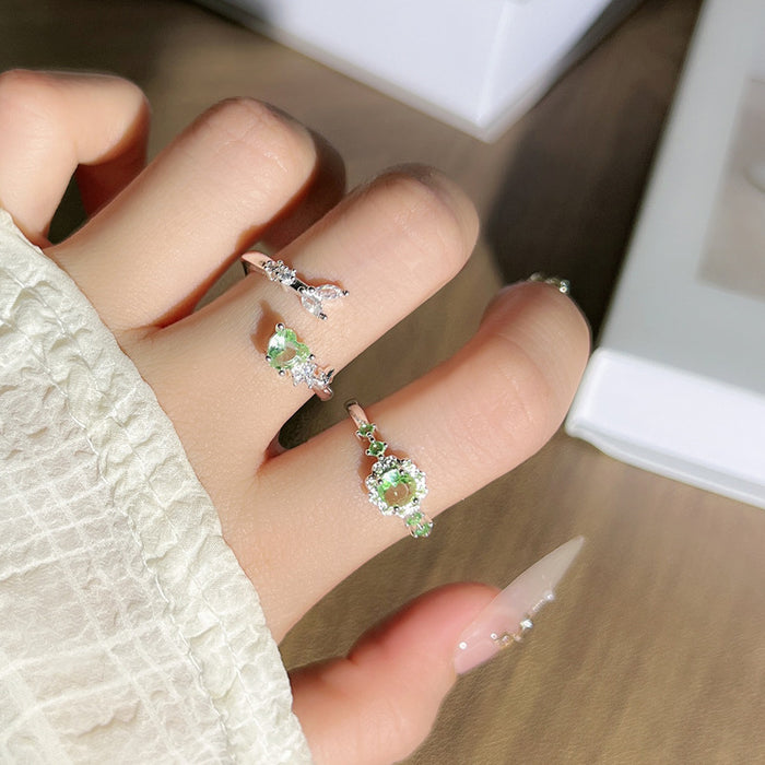 Wholesale Temperament Light Green Zircon Open Ring, niche design, exquisite layering, high-end feeling, light luxury ring