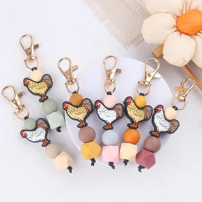 Wholesale Santa Cartoon Rooster Silicone Beaded Keychain JDC-KC-GuangTian031