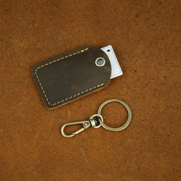 Wholesale Cowhide Access Card Holder Creative Keychain Induction Crazy Horse Leather Card Holder Small Square Access Card Protective Cover