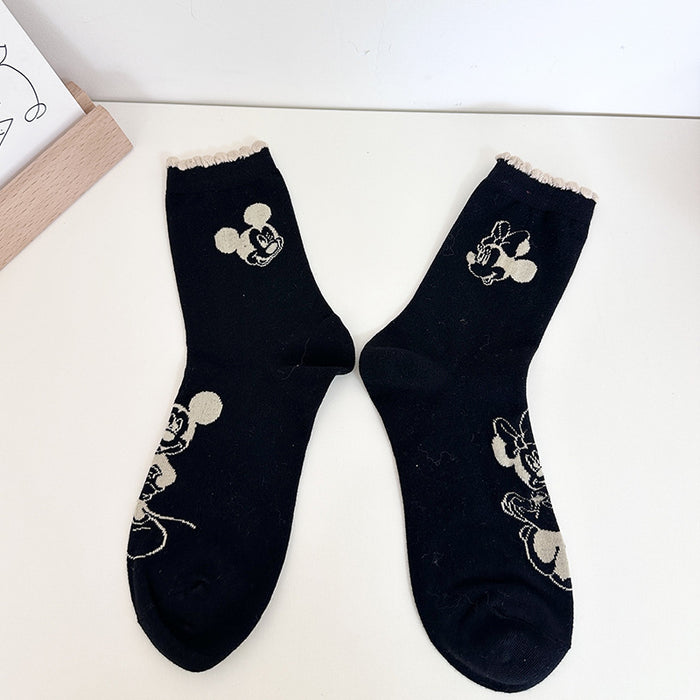 Wholesale Pure Cotton Black Mickey Socks Women's Mid-tube Socks Spring and Autumn All-match Cute Cartoon Ins Fashionable Socks