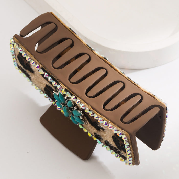 Wholesale retro leopard print leather clip western Denim wind encrusted turquoise hair clip