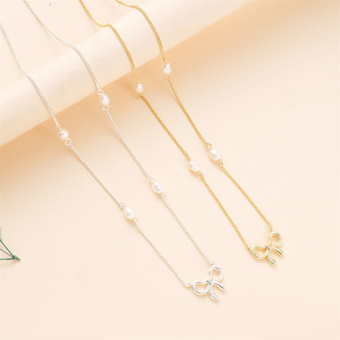 Wholesale Butterfly Knot Pearl Necklace Copper Plated Simple and Versatile for Daily Use, Light Luxury Style Clavicle Chain