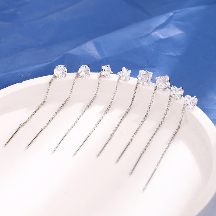 Wholesale Geometric square zircon tassel earrings with simple temperament, single diamond round star earrings, heart-shaped tassel earrings, and ear chains