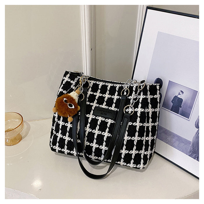 Wholesale Woolen Large Capacity Plaid Ladies Handbag Shoulder Tote Bag JDC-SD-HT024