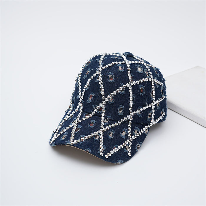 Wholesale Broken hole washed denim cap, dot diamond baseball cap, retro duckbill cap