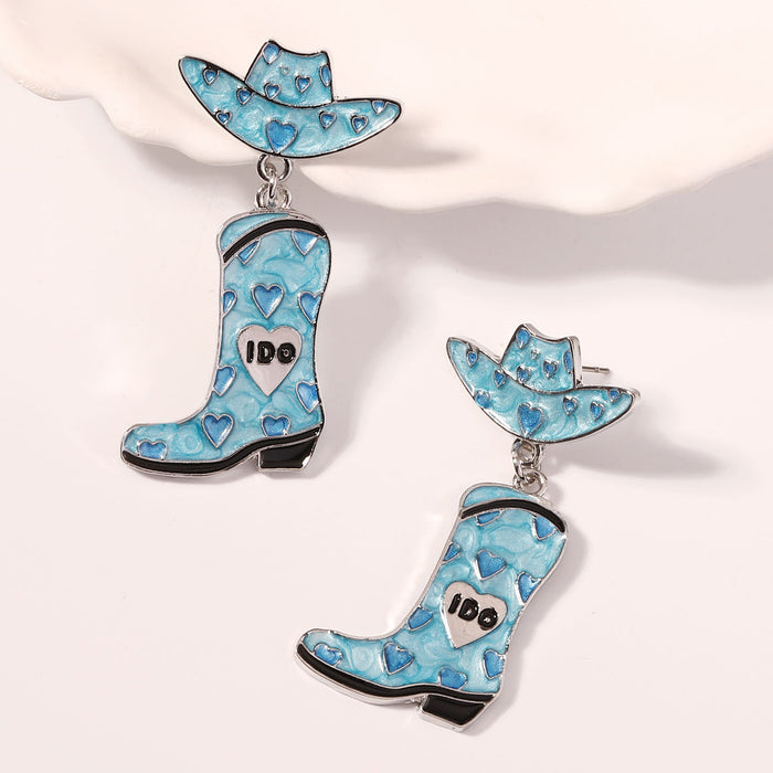 Wholesale Western Denim fashion creative alloy hat shoes drop oil Love earrings
