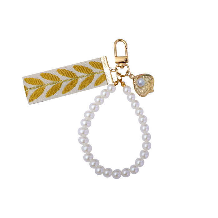 Wholesale Ribbon car alloy keychain pendant creative leaf striped pearl accessory bag decoration