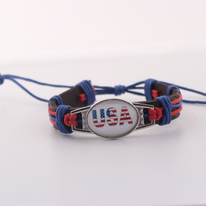 Wholesale Flag genuine leather woven bracelet with adjustable DIY zinc alloy red, white, and blue bracelet