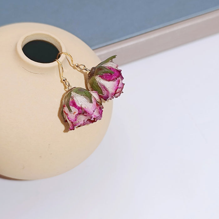 Wholesale Romantic and minimalist ear hooks, rose earrings, drip glue handmade, personalized and niche design, real flower ear accessories for women