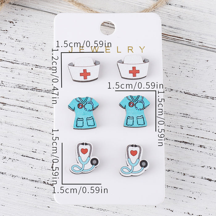 Wholesale Nurse' s Day Stethoscope Nurse Cute Heart and Lung Organs Earrings suit Wooden Earrings Earrings Gift