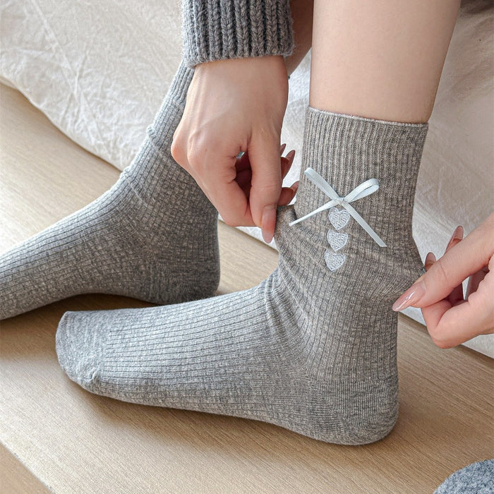Wholesale Grey socks embroidered with heart, mid tube socks, blue ribbon, bow, stacked socks