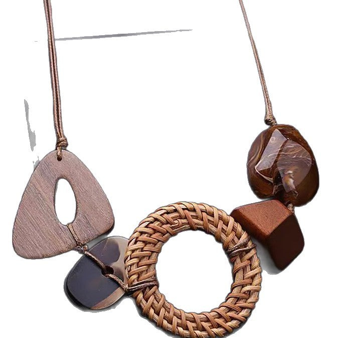 Wholesale New Geometric Wooden Handmade Necklace Light Luxury Vine Knitted Sweater Chain