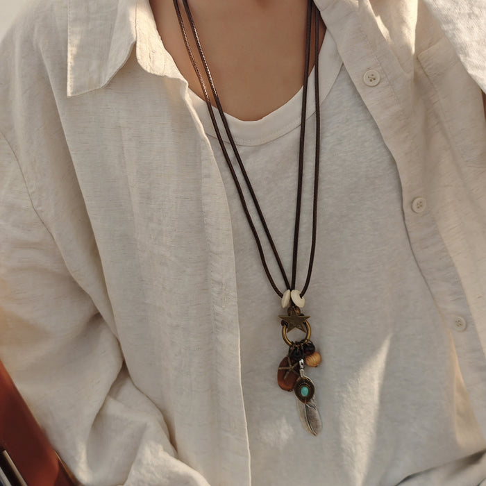 Wholesale Retro Bohemian Ethnic Style Leaf Long Cut Out Geometric Clavicle Chain Zen Style Versatile Personalized Sweater Chain