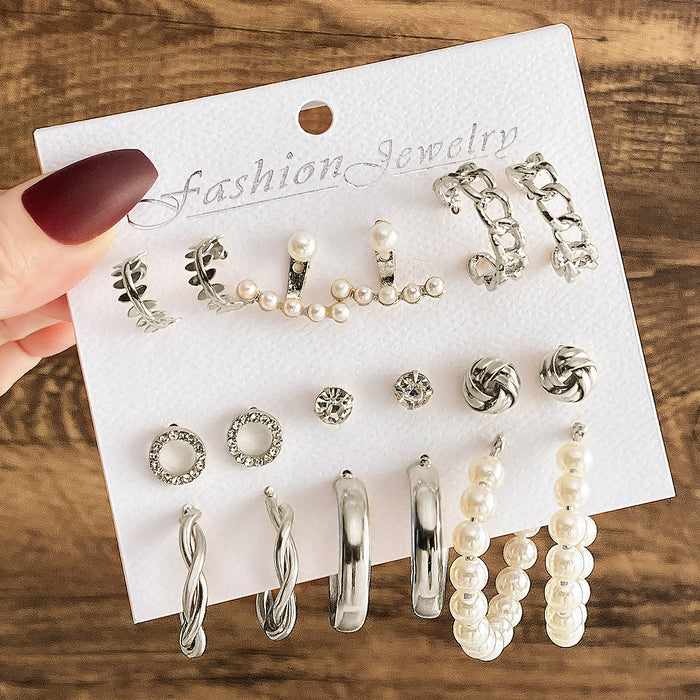 Wholesale 6-piece geometric pearl and diamond statement earring set