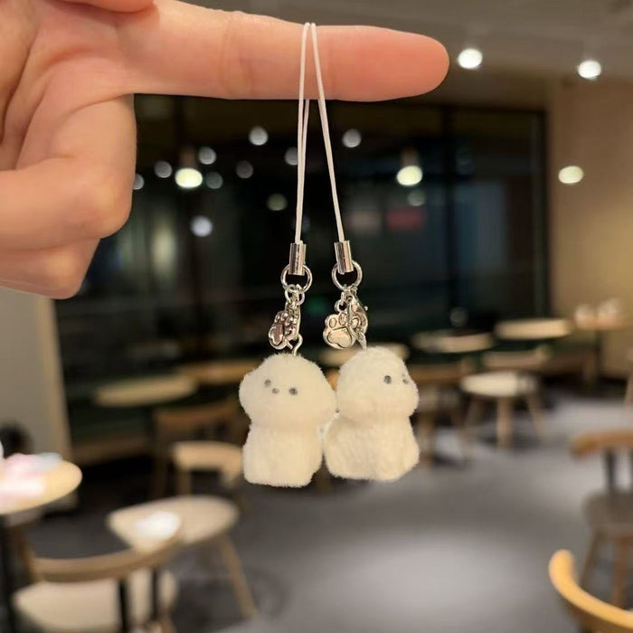 Wholesale Cute Soft Cute Flocking White Dog Mobile Phone Car Keychain Pendant Women's Chain