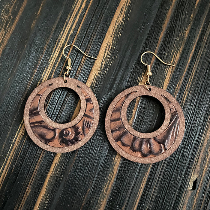 Wholesale Retro Western Genuine Leather Hollow Inlay Wood Drop Earrings