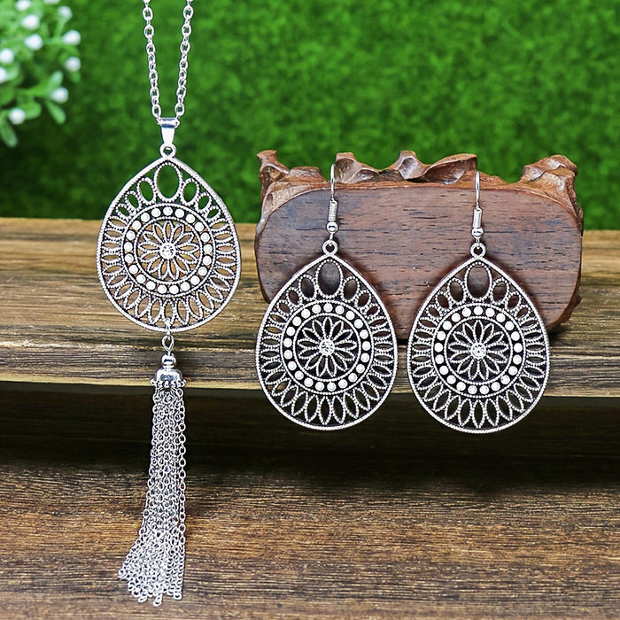 Wholesale Ethnic Geometric Antique Silver Alloy Earring Necklace Set - 4 Styles MOQ≥2