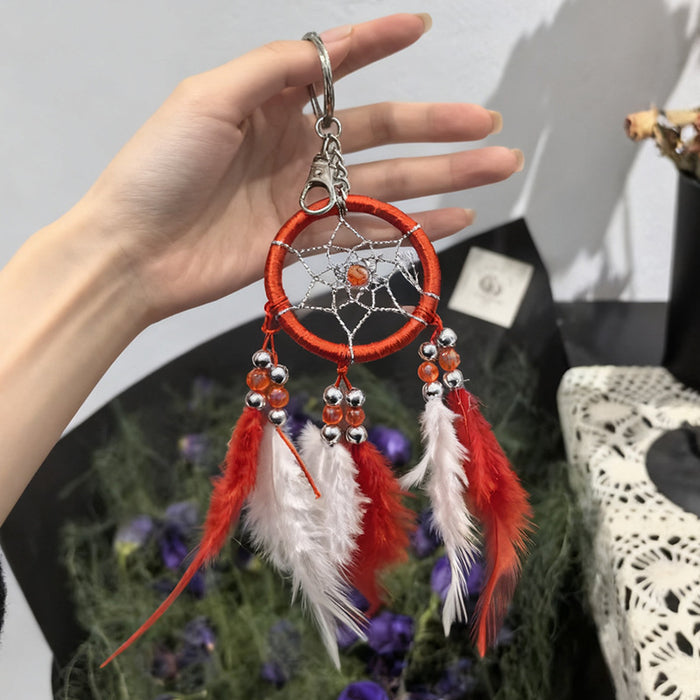 Wholesale Handmade Red Feather Dreamcatcher Keychain Nordic Style Couple Gift