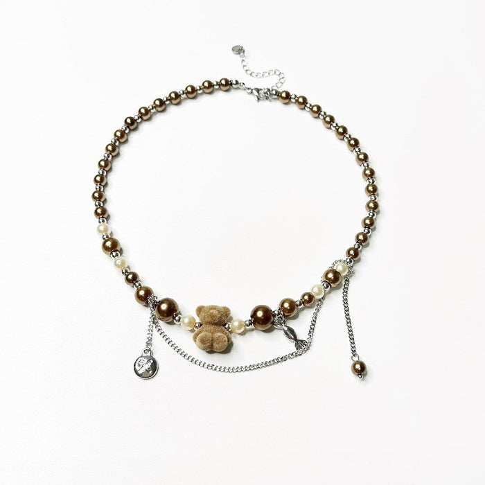 Wholesale Cute plush teddy bear pearl necklace, fashionable, simple, niche, versatile, handmade bead chain, tassel collarbone chain