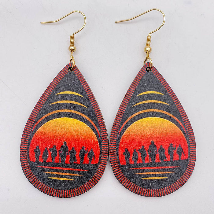 Wholesale Retro Wooden Earrings Western Denim Series Cowhead Sunflower Boho Earrings