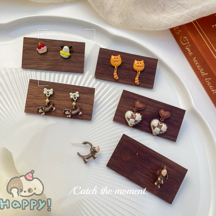 Wholesale cute cartoon earrings silver needle girls  brown earrings