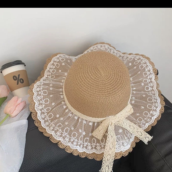 Wholesale Straw hat, lace bow, sunshade and sun protection hat, UV resistant sun grass hat