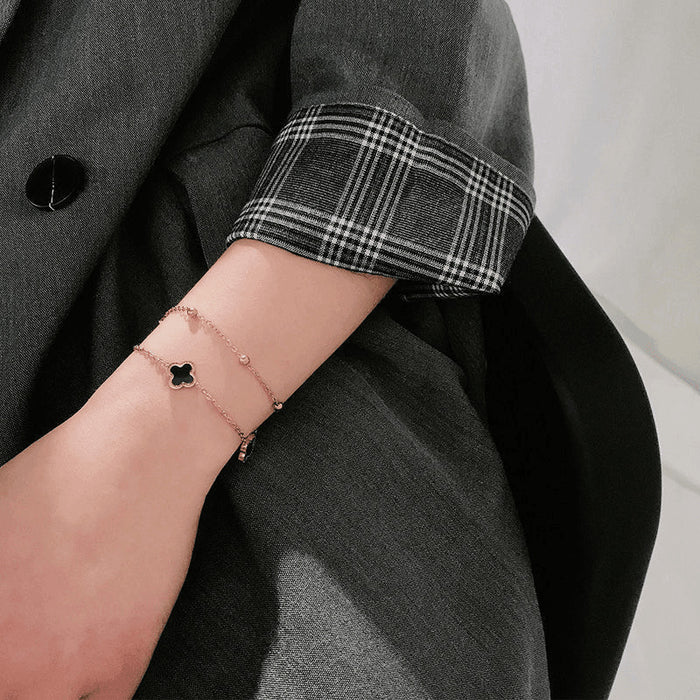 Wholesale [Full Titanium Steel] Non-Fading Four-Leaf Clover Bracelet, Fashionable Double-Layer Chain