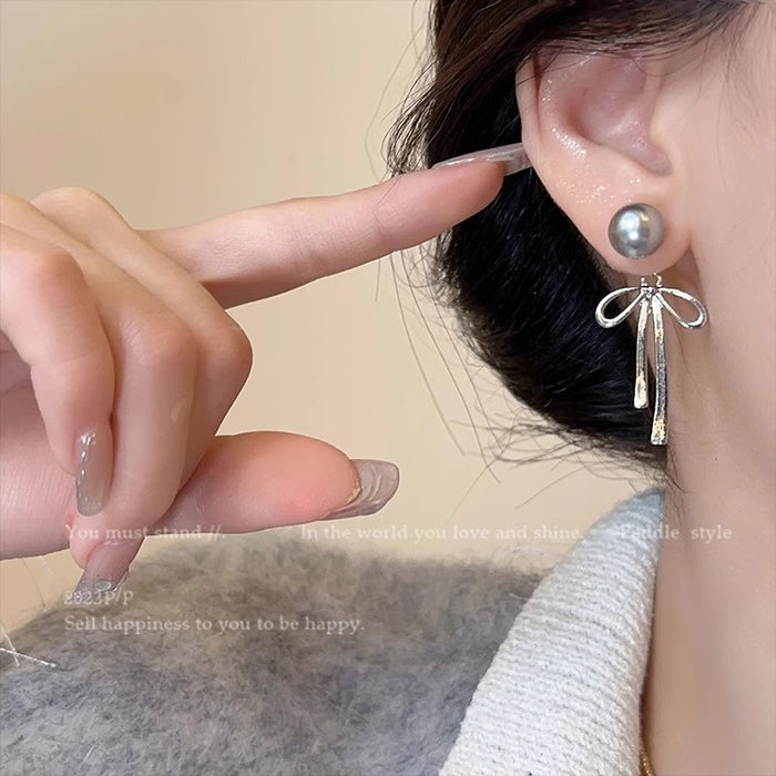 Wholesale Pearl Quality Hemp Gray Two-Wear Bow Silver Needle Earrings