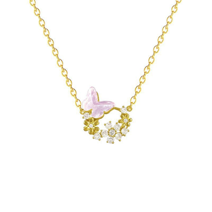 Wholesale New butterfly necklace with high-end and niche design, light luxury zircon stamen collarbone chain, titanium steel color not fading accessories