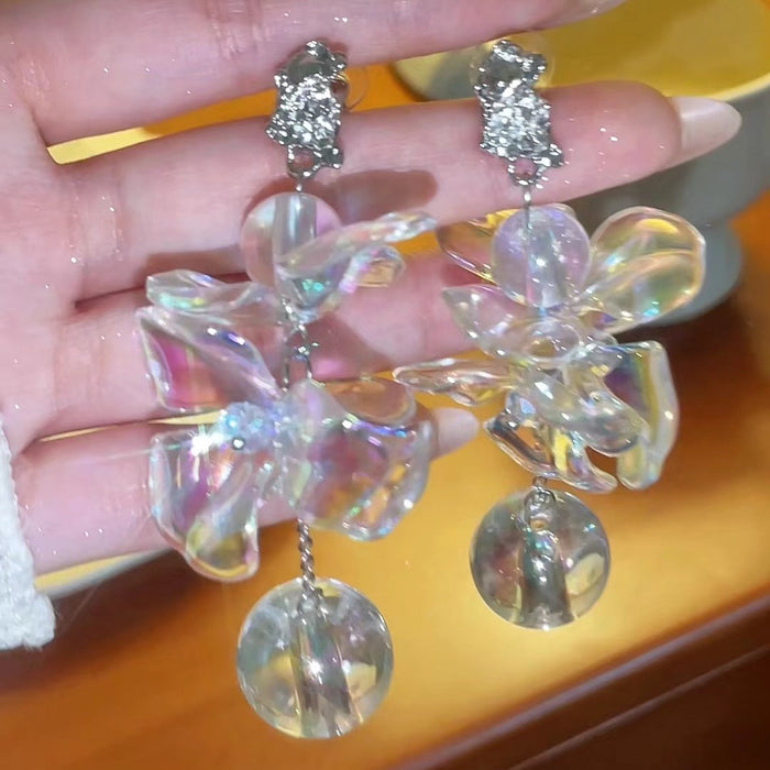 Wholesale Silver needle transparent flower earrings, niche and unique long design earrings