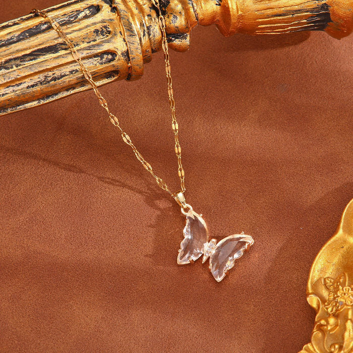 Wholesale Crystal butterfly zircon necklace, niche design, versatile collarbone chain, non fading titanium steel necklace
