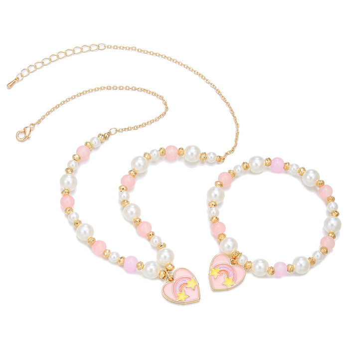 Wholesale Sweet pearl beaded necklace bracelet suit Heart pendant necklace jewelry
