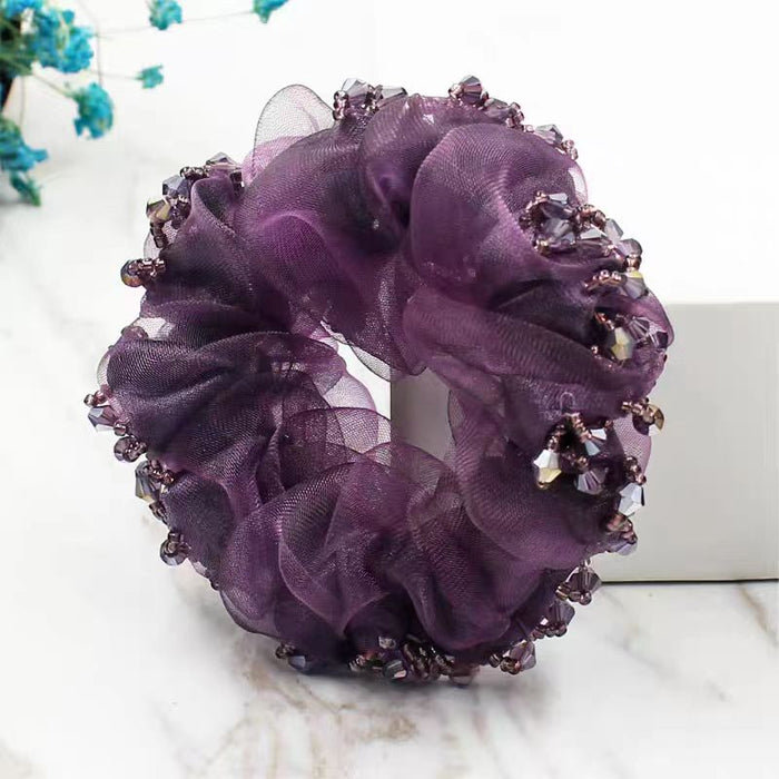 Wholesale Silk Yarn Hair Ring Ball Head Rope Women's Simple Crystal Handmade Hair Accessories Rubber Band Organza Large Intestine Hair Ring