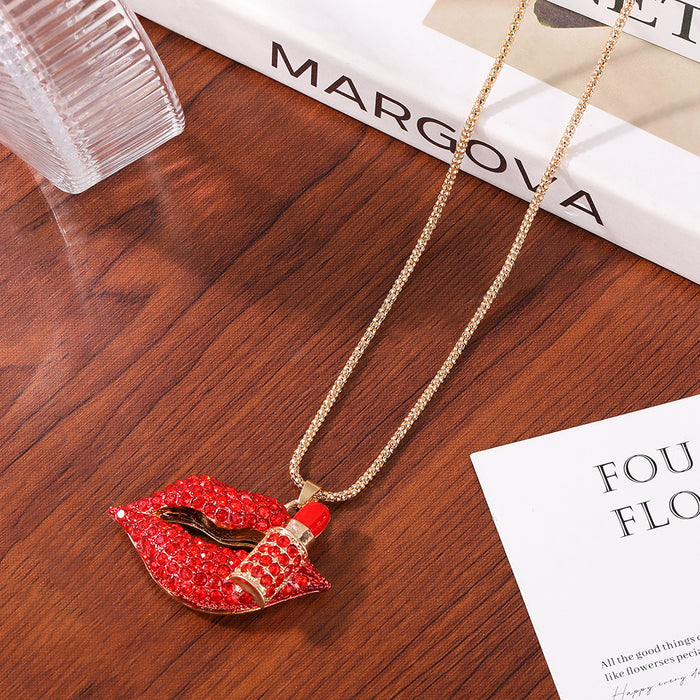 Wholesale Red Lips Rhinestone Zinc Alloy Sweater Chain Necklace
