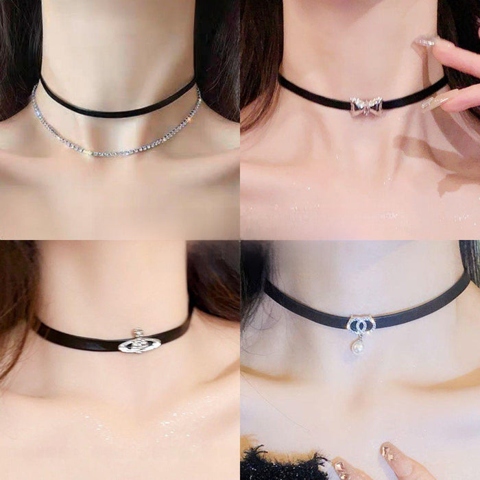 Wholesale Black leather rope collar, collarbone chain, neck strap, niche temperament, neck accessories, neck chain necklace