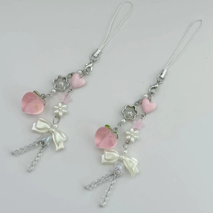Wholesale Peach Pendant Love Green Leaf Beaded Mobile Phone Chain Pendant Small Fresh Keychain