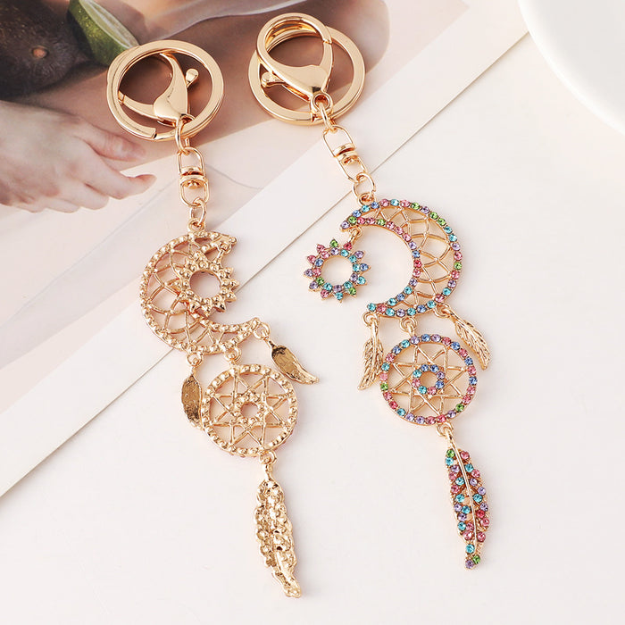 Wholesale Rhinestone Moon Dream Catcher Keychain Bag Charm Alloy Pink Car Accessory Gift MOQ≥2