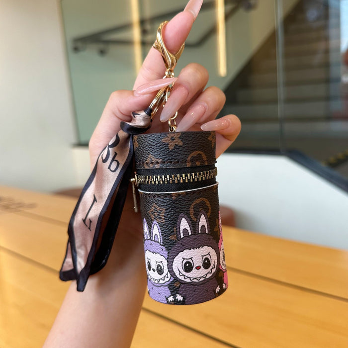 Wholesale Cartoon Lipstick Bag Cylindrical Cosmetic Pouch with Zipper Keychain