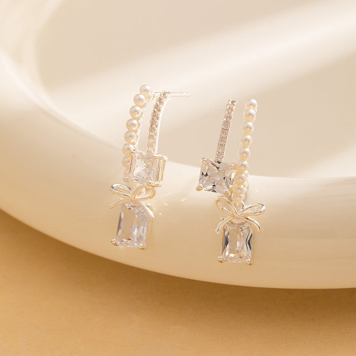 Wholesale  Micro-Paved Zircon Sugar Cube Bow Pearl Earrings