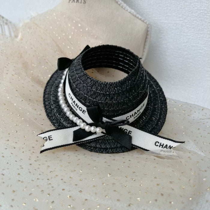 Wholesale Straw Hat Bow Cute Pearl Chain Straw Hat