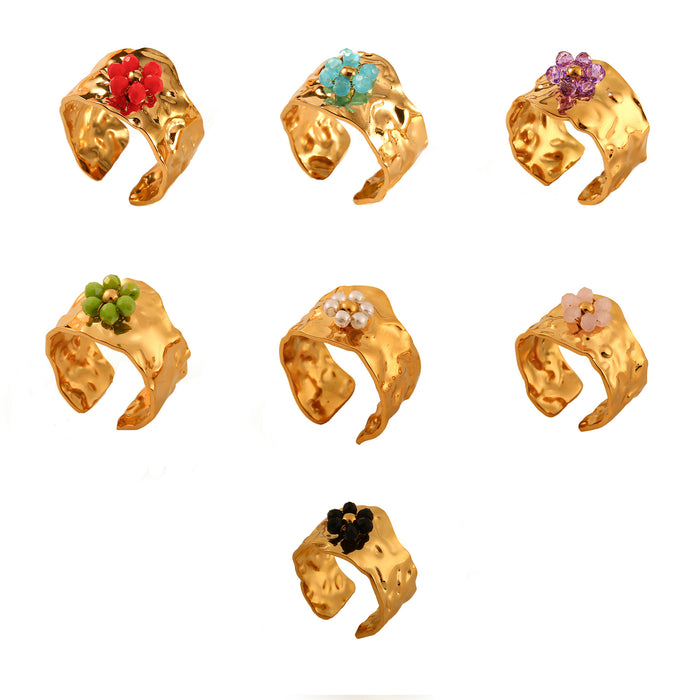 Wholesale Simple and fashionable 18K stainless steel flower ring, trendy stone petal opening ring, multi-color wholesale