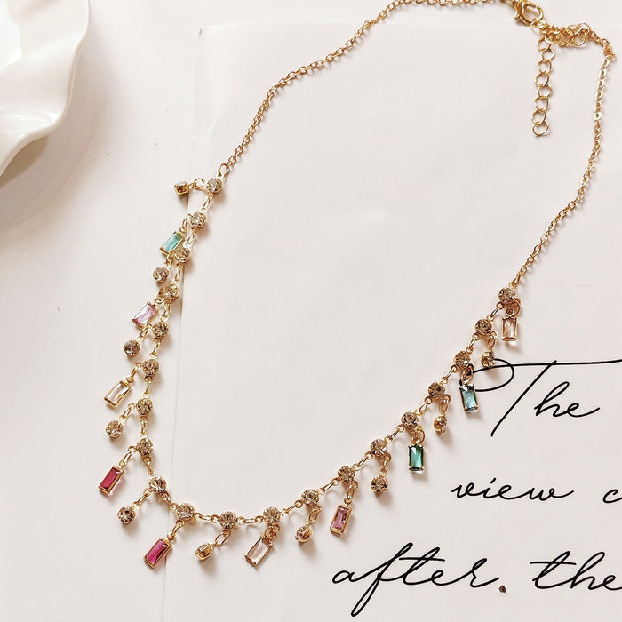 Wholesale Summer fashion, light luxury, niche design, high-end color tassel zircon collarbone necklace accessories