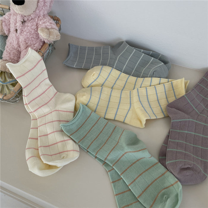 Wholesale Curled edge fine stripe mid tube socks, soft socks, stacked socks