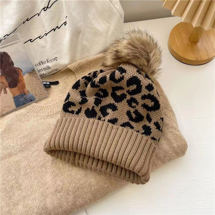 Wholesale Leopard Print Curled Wool Ball Knitted Hat Women' s Hat Outdoor Warm Thickened Men' s Woolen Hat Trend