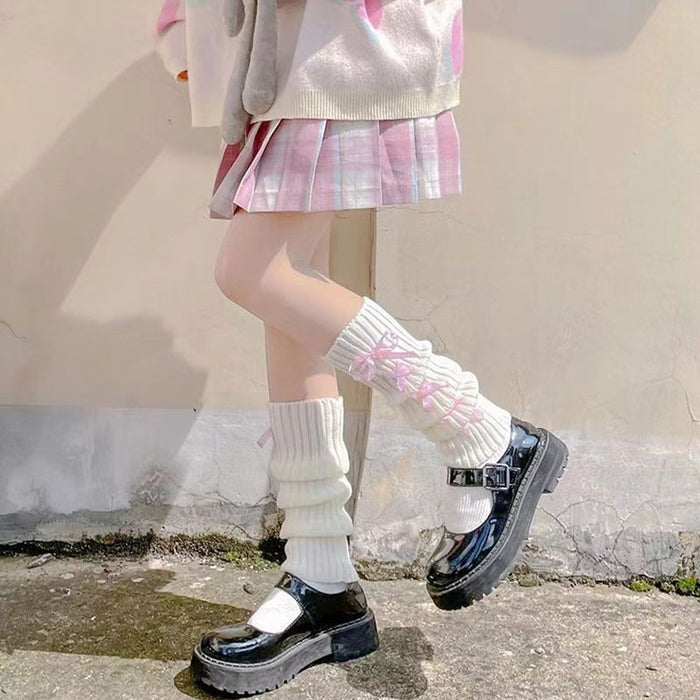 Wholesale Cross tie sock covers, mid tube knitted butterfly leg covers, white stacked socks