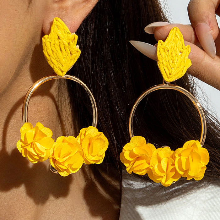 Wholesale Raffia Flower Earrings Summer Beach Style Fashion Accessory MOQ≥2