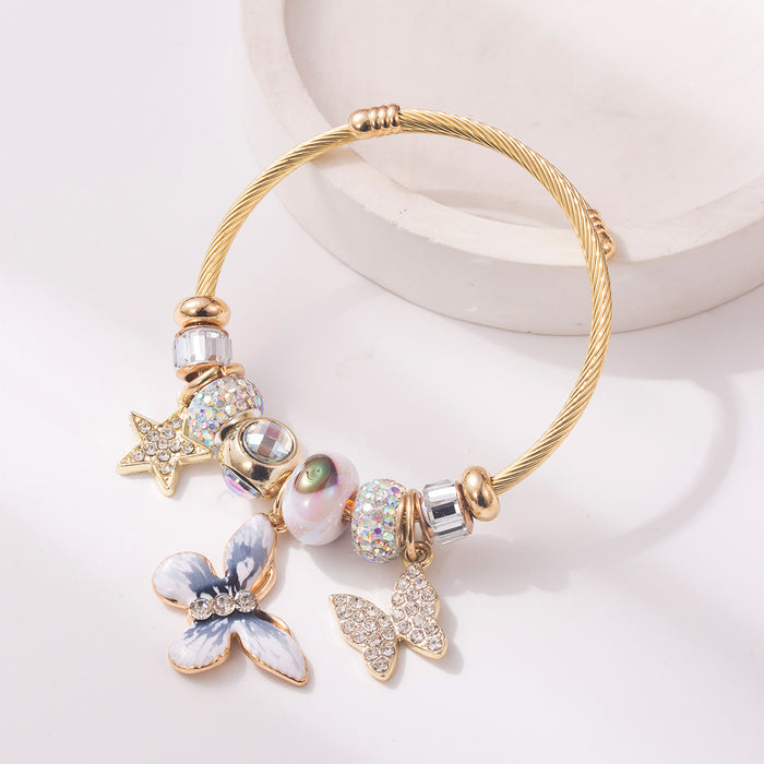 Wholesale Trendy Pink Adjustable Stainless Steel Bangle Bracelet With Rhinestone Butterfly Pendant And Star Accents Fashion Accessory For Resale